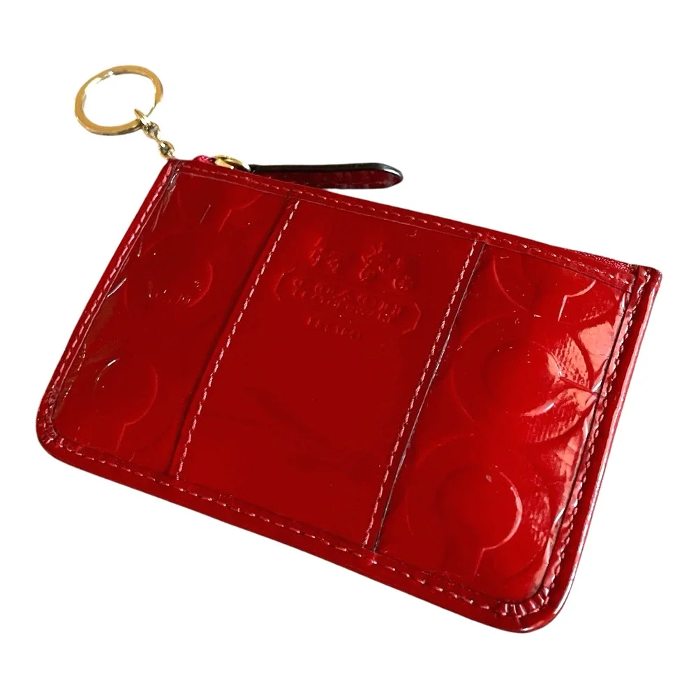 COACH Embossed C Red Patent Leather Gold Key Ring Small Skinny Card Case Top Zip